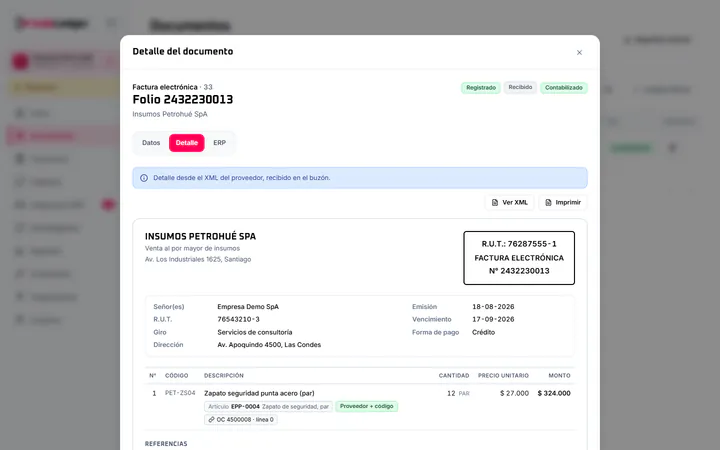 Documento con XML: líneas, orden de compra enlazada y cuadratura con el SII