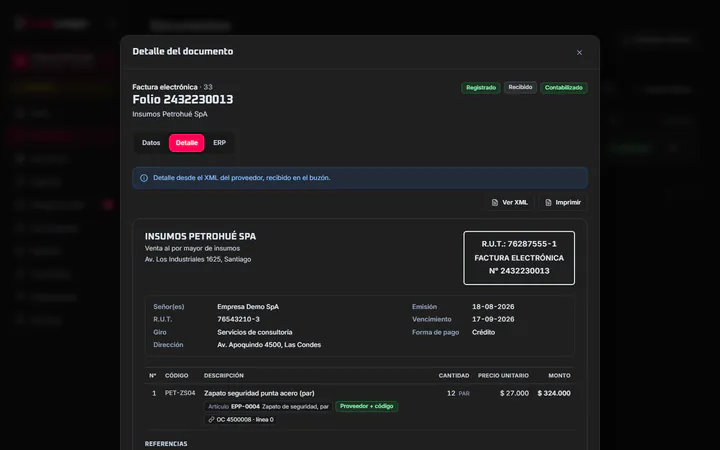 Documento con XML: líneas, orden de compra enlazada y cuadratura con el SII